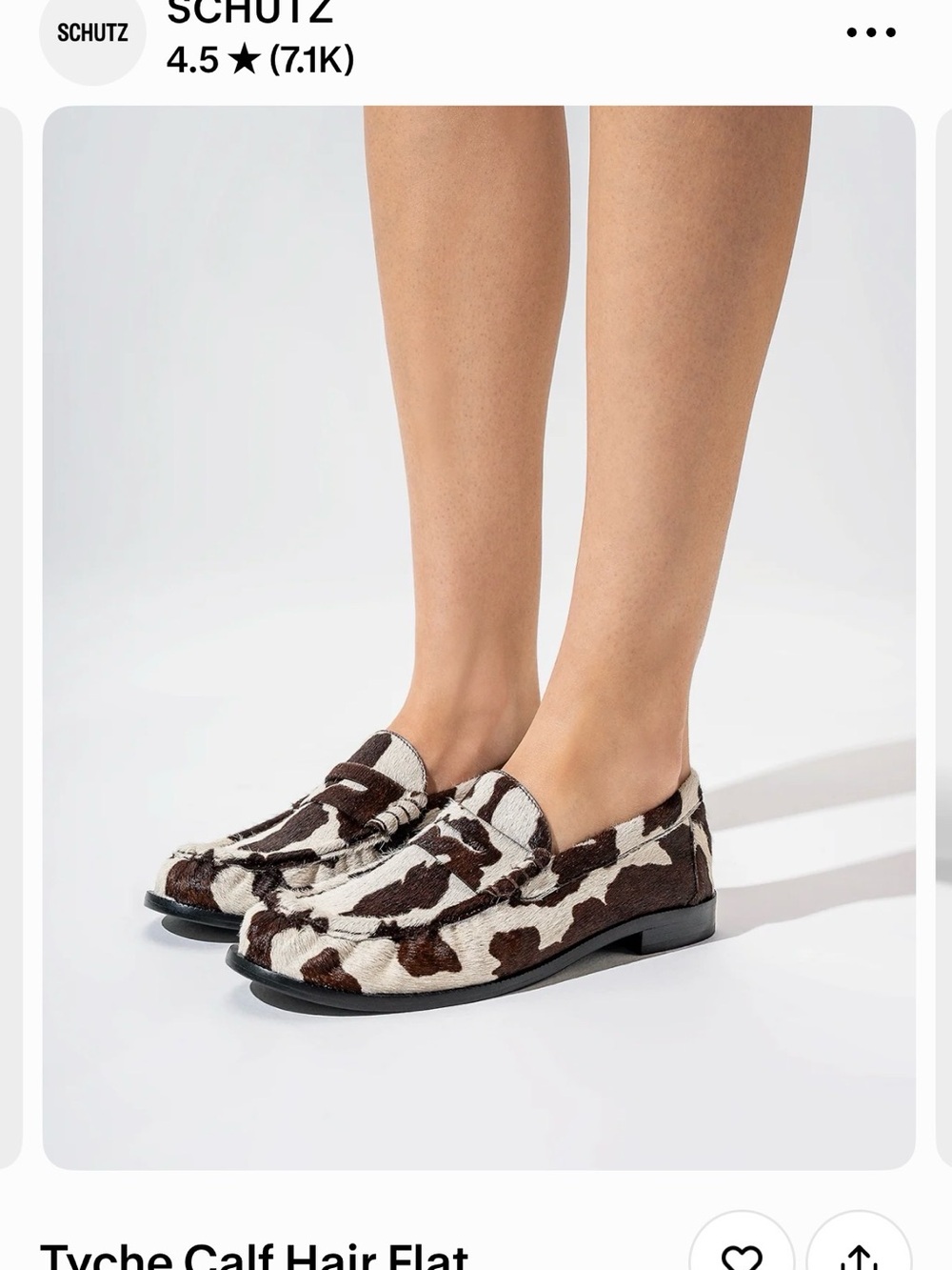 SCHUTZ Cow-Print Calf-Hair Penny Loafers in Brown and White